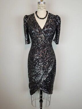 Calvin Klein Black & Silver Sequin Faux Wrap Puff Sleeve Cocktail Dress